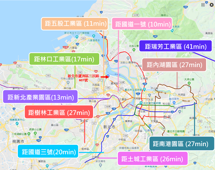 臺北隊至主要工業區出勤時間及工業區相對位置圖